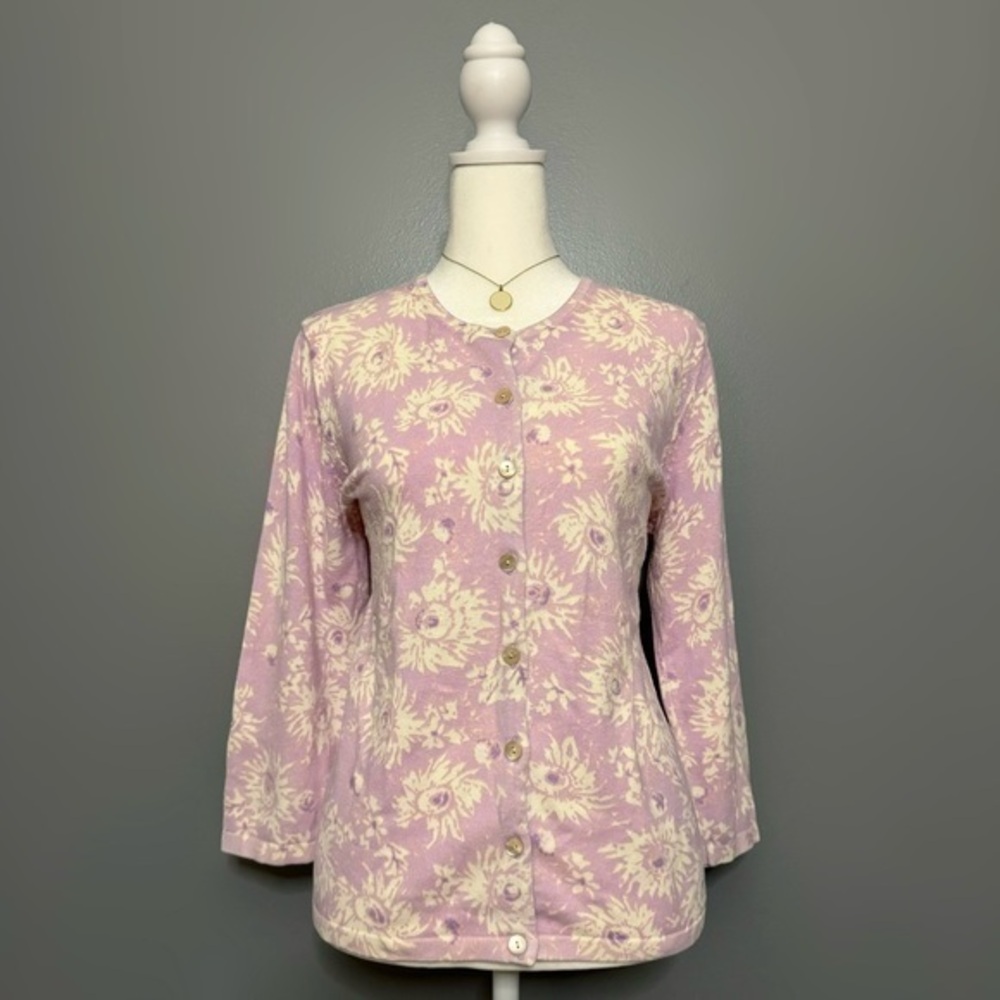 EUC Eddie Bauer Lavender Floral Button Up Cardigan Size L